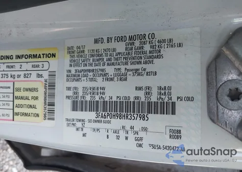 2017 Ford Fusion Se from USA, damaged, VIN 3FA6P0H98HR357985
